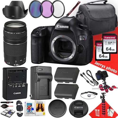 Canon EOS 5DS R DSLR Camera with Canon EF 75-300mm f/4-5.6 III Lens + 128 GB Memory + Extra Battery + Battery Charger + Filters + Spider Tripod + More (30pc Bundle) (Renewed)