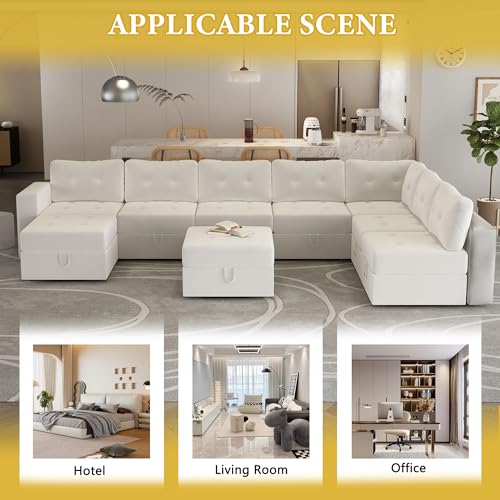 Image of QHITTY Large Sectional Modular Sofa, 9 Seater Accent Couch with Hidden Extra Large Storage Space for Living Room, Beige White