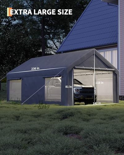 Image of GarveeLife 12x20 ft Portable Garage, Car Port with 200 g PE Tarp Cover, with Front & Rear Roll-Up Doors and 4 Windows, for Temporary Paint Booth, Boats&Pickups Shed, and Event Shelter, Gray