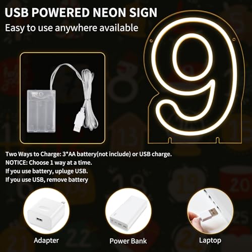 Image of Number 9 LED Neon Sign Backdrop Birthday Party Decoration, 11.3 inch Height Warm White Marquee Numbers Nine Light Up Sign for Wedding Anniversary Window Wall Table, Indoor Battery Operated or USB