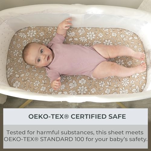 Image of Pobibaby 2 Pack Bassinet Sheets for Girls - Premium Cotton Blend Baby Girl Fitted Sheet Set, Soft Breathable Floral Jersey Knit for Rectangle Oval Bassinets, Newborn Nursery Bedding (Meadow)