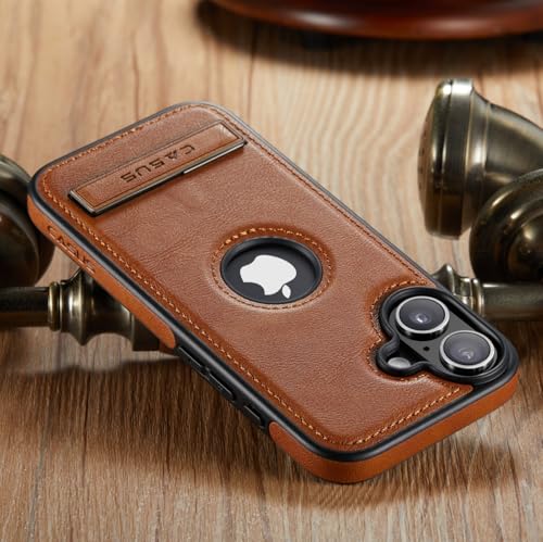 Image of Casus for iPhone 17 Case with MagSafe, Slim Kickstand Vegan Leather Protective Cover with Tempered Glass Screen Protector, 6.3 Inch (2025), Brown