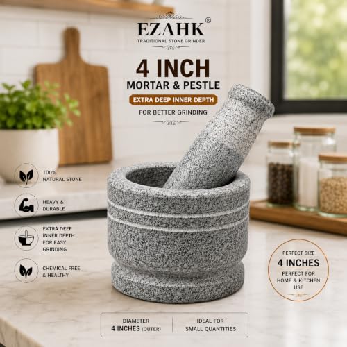 Image of EZAHK Mortar and Pestle Set for Spices, Okhli Masher, Khalbatta, Kharal, Mixer, Natural & Traditional Grinder and Musal, 4 inch Width and 3 inch Height(Grey)