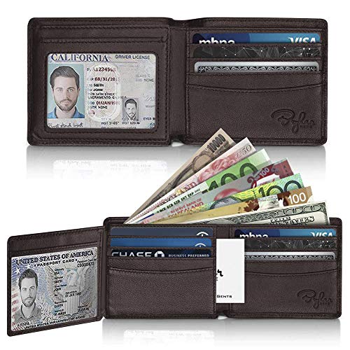 2 ID Window RFID Wallet for Men, Bifold Side Flip, Extra Capacity Travel Wallet (Brown - Sheepskin Leather)