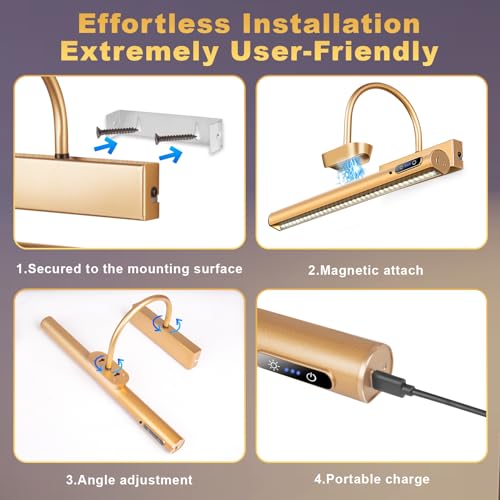 LYTARA Dimmable Cordless Picture Light with Controller and Timer, Rechargeable 5000mAh Battery Wall Sconce for Wall Pictures, Gallery Artwork, Paintings, Portraits, Dartboards (Gold)