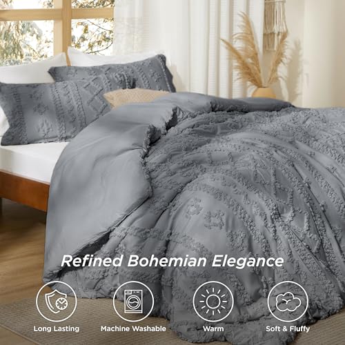 Bedsure Tufted Boho Comforter Set King Size - Grey Boho Bed Set, GentleSoft™ 3 Pieces Farmhouse Shabby Chic Embroidery Bedding, Gifts for Woman, Soft Jacquard King Comforter for All Seasons