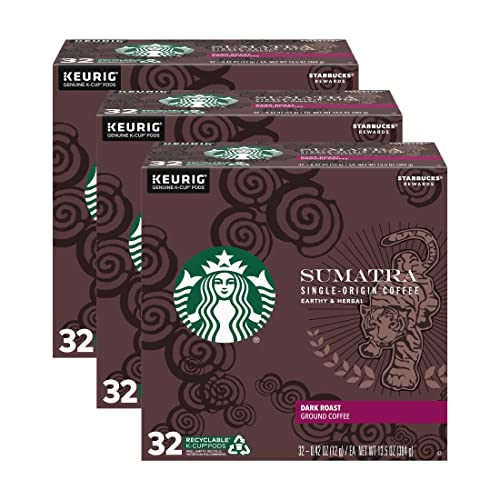 Image of Starbucks Coffee K-Cup Pods, Sumatra Single-Origin Coffee, Dark Roast Ground Coffee, Keurig Genuine K-Cup Pods, 32 CT K-Cup Pods Per Box (Pack of 3)