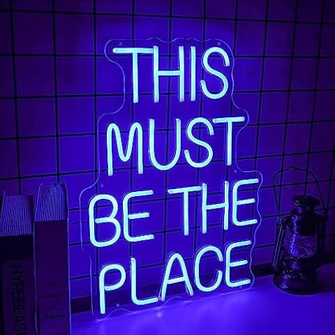 BIOIWGY Neon Sign This Must Be The Place Neon Signs for Wall Decor Dimmable Flashing Neon Light Led Sign for Bedroom Bar Anniversaries Wedding Party Cafe Light Up Sign (Blue) Cover