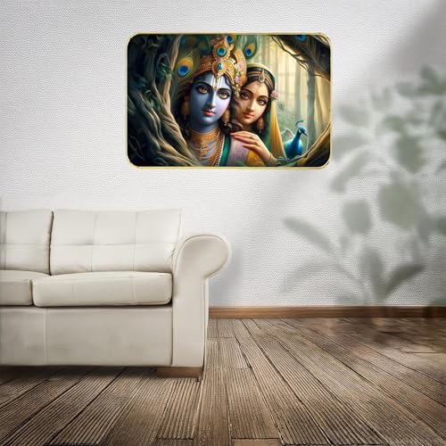 Image of Masstone Radha Krishna Crystal Embedded High Gloss Wall Painting, Golden Slim Frame, 45x30 Cm Wall Art for Living Room, Bedroom, Office & Home Decor (CRG34)