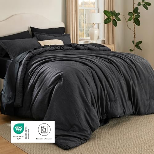 Image of Bedsure King Size Comforter Set Black - Bed in a Bag King Bedding 7 Pieces, Cationic Dyed Bed Set Gift for Family, Black Soft Bedding for All Seasons Comforter with Sheets, Pillowcases & Shams