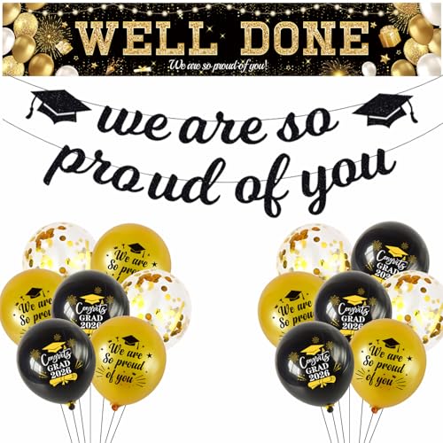 Graduation Decorations 2026 Congratulations Banner 2026 We Are So Proud of You Party Supplies Well Done Banners Black Gold Graduation Balloons for Grad Retirement Party Decor