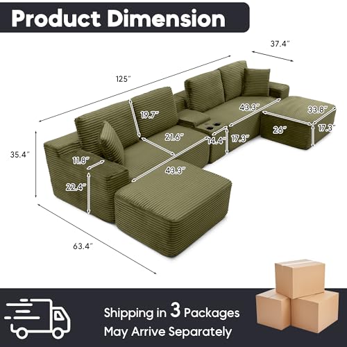 Image of 125 Inch Modular Sectional Sofa, Modern Oversized Corduroy Cloud Couch with 2 Ottomans, Cup Holders and USB Ports, U Shape Couch Boneless Couches for Living Room, No Assembly Required, Green