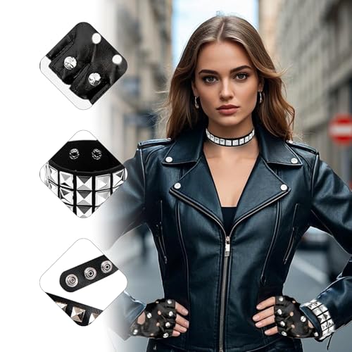 4-teiliges Rocker Kostüm Accessoire Set, Punk Nietenarmband Handschuhe und Halsband Schwarz Gothic Set Nietenarmband und Halsband für Karneval und Mottoparty