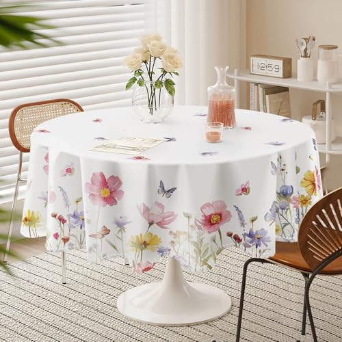 DISENB Spring Floral Round Tablecloth 70 Inch, Butterfly Wildflowers Table Cloth, Stain and Wrinkle Resistant Washable Table Cover for Holiday Party Picnic Dinner Decor by DISENB - Used condition - Image 3