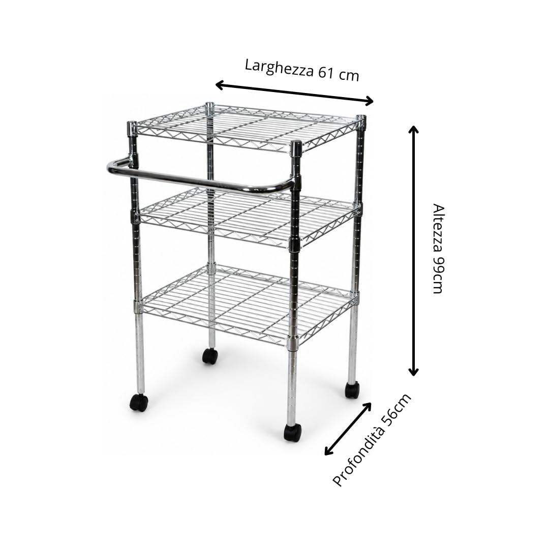 Scaffaliera grigia cromata a 3 ripiani con ruote bloccabili e maniglione, altezza dei ripiani e piedini di livellamento regolabili, peso massimo 400 kg, Cromo, 46 x 61 x 94 cm (P x L x H)