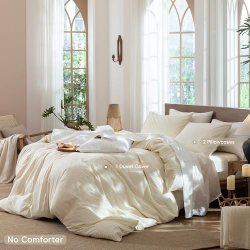 Image of MooMee Striped Duvet Cover Set 100% Washed Cotton Linen Like King | Relaxed Linen-like Texture. Soft, Breathable & Long-lasting Comfort. Lightweight. Hidden Zipper with 8 Interior Corner Ties