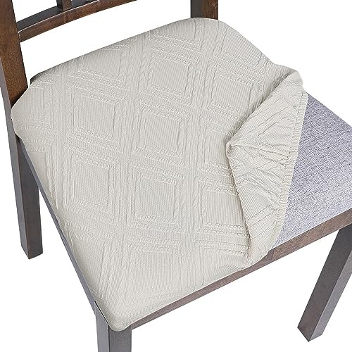 Image of SearchI Waterproof Seat Covers for Dining Room Chairs Stretch Jacquard Chair Seat Covers Set of 6, Removable Washable Kitchen Chair Seat Protector Cushion Slipcovers for Office (Beige Rhombus)