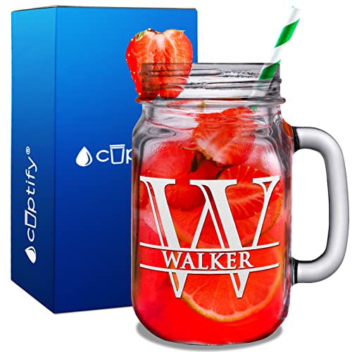 Personalized Mason Jar Split Script Monogram Initial and Name Laser Engraved 16 oz Drinking Glasses Customized Mug Birthday Gift for Women and Men