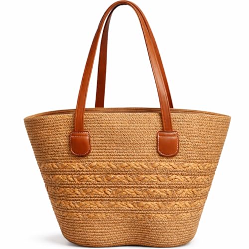 Bolsa Tote de Palha Natural com Alças Marrom Estilo Praia