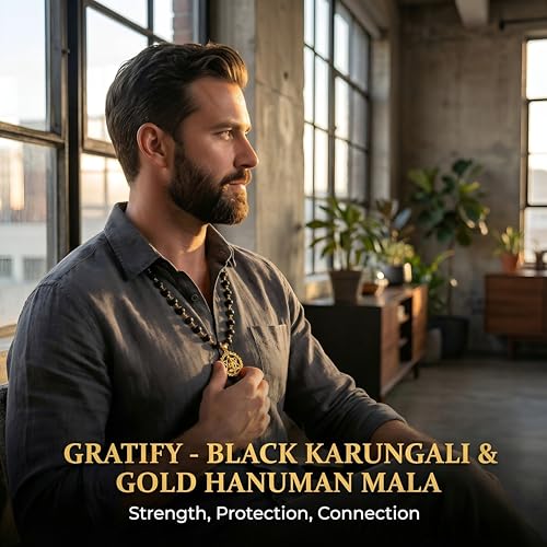 Image of Gratify Original Karungali Mala 54 Beads (7mm) for Men & Women | Authentic Black Ebony Wood Mala with Gold Plated Metal Caps | Spiritual Necklace for Meditation, Prayer, Energy Balance & Positive Vibes