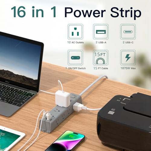 Image of Addtam Gray Power Strip Surge Protector with 12 AC Outlets & 4USB Ports, 15FT Extension Cord, Flat Plug,1050J Overload Protection, Wall Outlet Extender for Home Office Living Room Dorm, ETL Listed