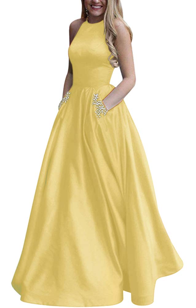 Andybridal Women's A Line Halter Open Back Bead Satin Long Prom Dress with Pockets