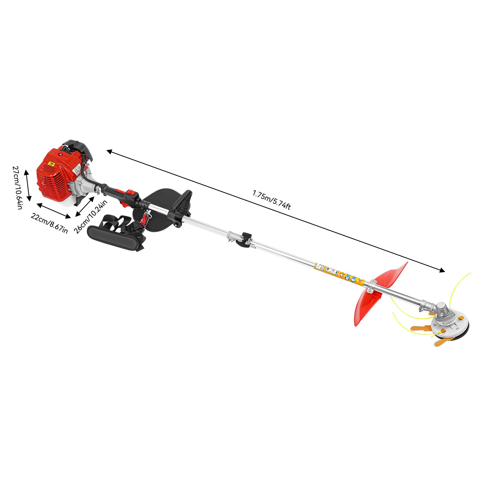 Benzynowa podkaszarka do trawy z silnikiem 2-suwowym, pojemność skokowa 43 cm³, moc 1,25 kW, 8500 obr./min, bezprzewodowa, z paskiem do noszenia, do trawnika, sadów, winnic i chwastów