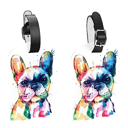 Etichette per valigie in pelle con illustrazione ad acquerello con cane bulldog francese, set di 2