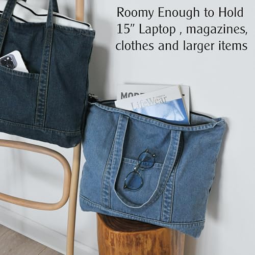 HOXIS Light Weight Soft Denim Tote Unisex Shopper Shoulder Handbag4