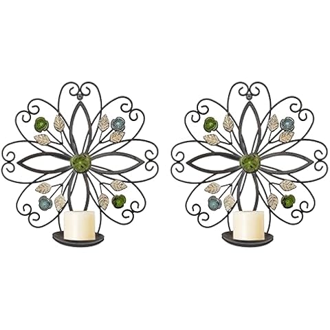 JUCONSIN Wall Candle Sconce Holder Set of 2, Antique Metal Wall Art Leaf and Flower Design Wall Mount Candleholder Wall Candle Holder Hanging for Living Room, Wedding, Fireplace, Farmhouse Cover