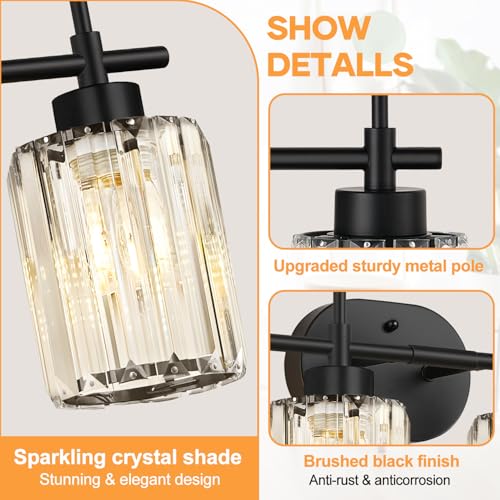 Image of Matte Black 4-Light Crystal Bathroom Vanity Light, Modern Bathroom Light Fixture Over Mirror, Black Vanity Lighting for Bathroom, Bulbs Not Included