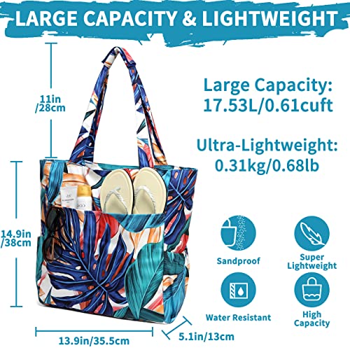 Kasgo Borsa Mare Donna Grande Borsa da Piscina Leggera con Comodi Manici per Viaggio Shopping Scuola Antisabbia Foglia d