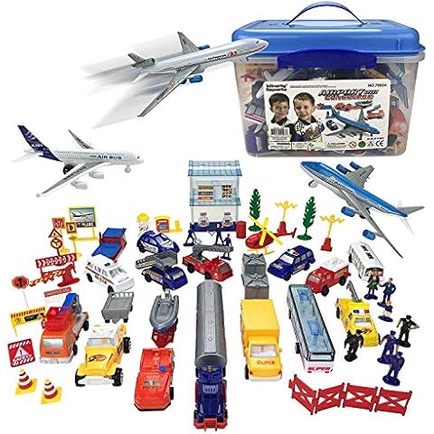 Playee Airport Playset Toy - Airplanes, Vehicles, Police Figures, Workers & Many More Accessories with Storage Bucket - Educational Gift for Kids (57 Piece, Matt Included) Cover