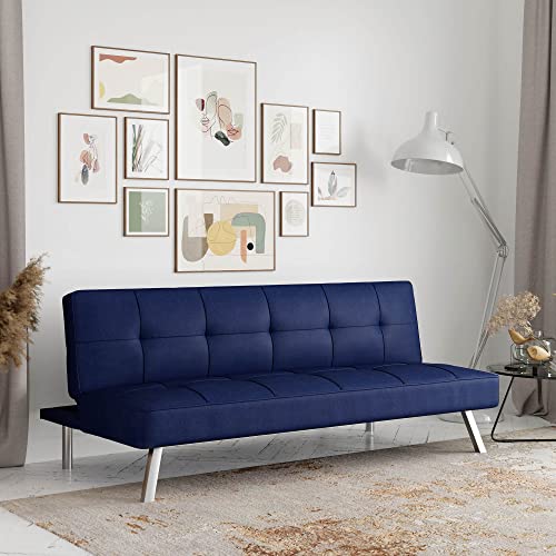 Serta® Rane 66.1' Convertible Futon Sofa, Short Twin Size, Modern Transitional, Tufted Back and Seat Cushion, Dream Coil® Comfort, Fingerguard® Pinch Point Protection, Woven Fabric, Navy Blue