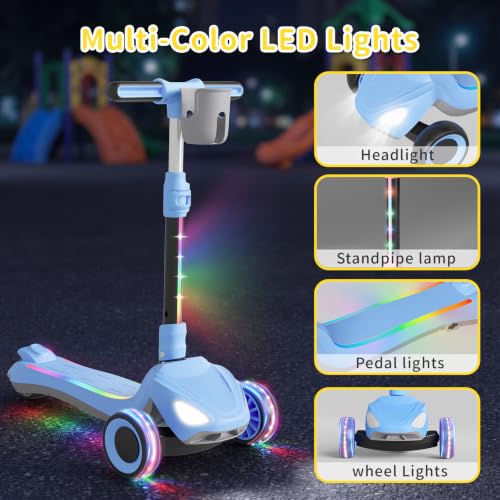 Image of SIMATE Electric Scooter for Kids Ages 3+, 3 Wheel Balance Scooter, 3 Adjustable Heights, Foldable & LED Display & Thumb Throttle, Long Battery Life, Full Body Lights Up, Gift for Kids Boys Girls