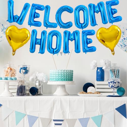 Image of TONIFUL 16 Inch Blue WELCOME HOME Foil Letter Balloons Banner Decorations