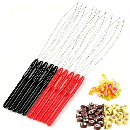 HANDWIG Hair Extension Loop Threader 10 Pc Dual-Color Pulling Needle Set Rust-Resistant Styling Tool with Beads Bands Ideal for Beginner Home DIY Tinsel Feather I-Tip Hair Extension Craft Creation
