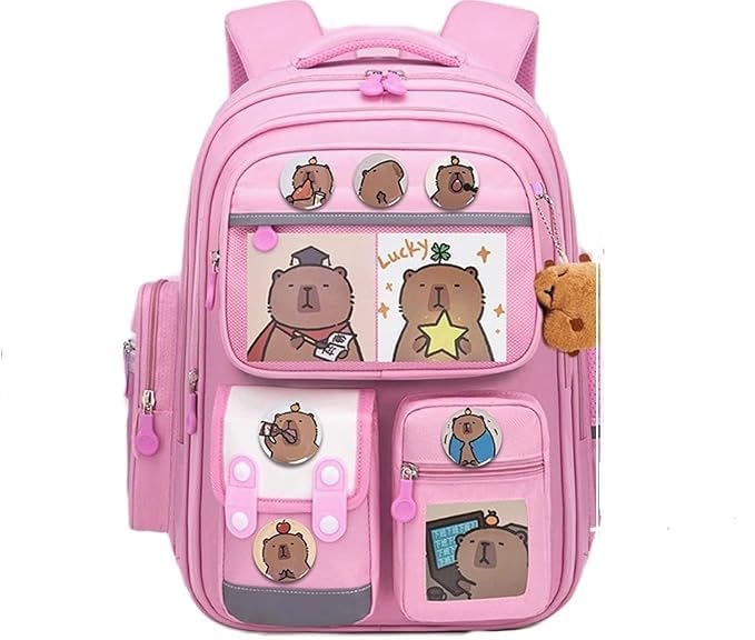 DRAYA DEAL’S Large Capacity Capybara Student School Bag – Stylish Khaki Backpack for Boys & Girls, Multi-Pocket Durable Travel Rucksack for Primary & Secondary School Students (pink)