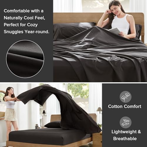 Comfort Spaces 100% Cotton Sheets Queen, Breathable, Ultra Soft Cotton Sheets, Naturally Cool Cotton Bed Sheets with 14" Elastic Pocket Fits up to 16" Mattress, All Season Sheet Set, Black 4 Piece