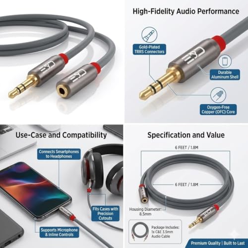 Image of C&E CNE62656 15 FT(4.5 M) 3.5mm Aux Male to Female Extension Stereo Audio Cable Grey (15 Feet /4.5 Meters) Compatible for iPhone, iPad or Smartphones, Tablets, Media Players (4 Pack)