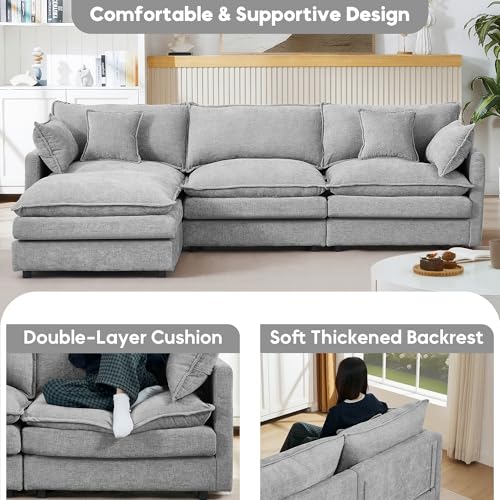 Image of 102 inch L Shaped Modular Sectional Sofa, Comfy Upholstery Chenille Cloud Couch with Ottoman, Modern 4-Seat Deep Seat Sofa with Pillow for Living Room, Bedroom, Apartment, Grey