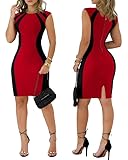 Ninimour Bodycon Dress Colorblock Sleeveless Dresses Back Slit Zipper Crew Neck Elegant Cocktail Dress for Women-r-M Red