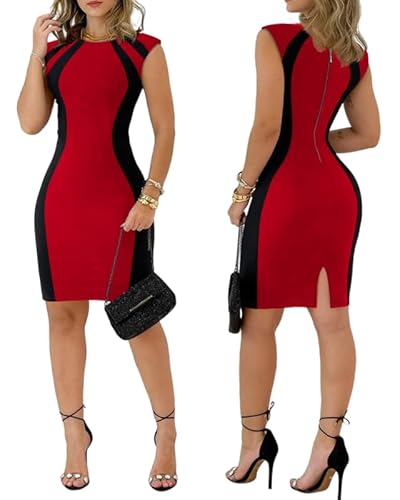 Ninimour Bodycon Dress Colorblock Sleeveless Dresses Back Slit Zipper Crew