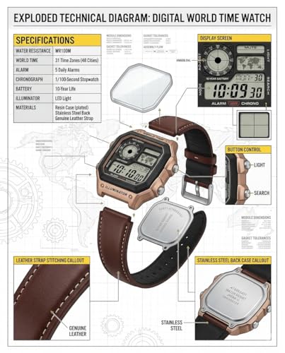 Image of Men's Digital World Time Watch with Brown Leather Strap, Alarm, Chronograph, Illuminator, 100M Water Resistant