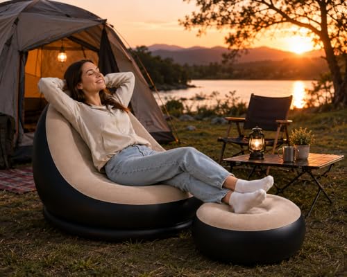 Image of Inflatable Air Sofa Chair with Ottoman & Automatic Electric Pump, Portable Flocked Blow Up Lounge Chair for Living Room, Bedroom, Camping & Outdoor Use (Beige)