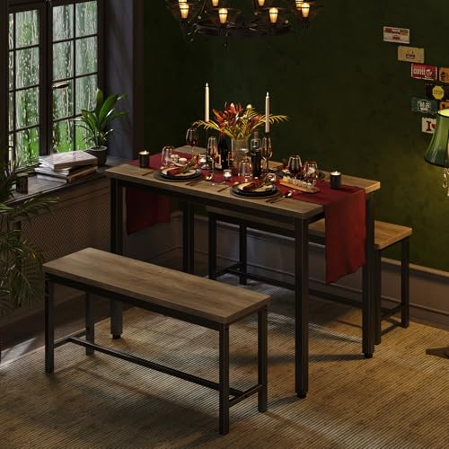 Tatub Dining Table Set for 4, 3-Piece Kitchen Table with 2 Benches, Space-Saving Dining Room Set for Breakfast Nook and Small Spaces, Grey - Thumbnail 6