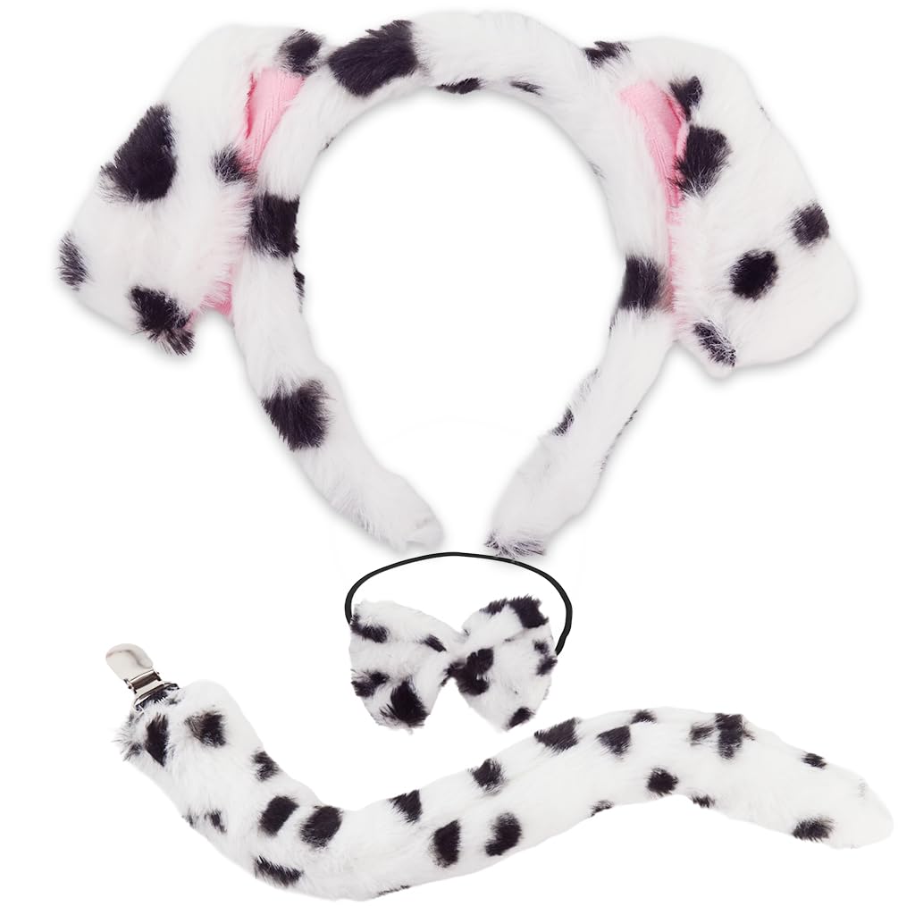 ZIBUYU® Anime Cosplay Hairband for Women Girls, Furry Spotted Dog Ear Hair Band with Bow Neck Choker and Tail Set, Cute Pudding Dog Headband Costumes Dress Up Accessories for Halloween, Party