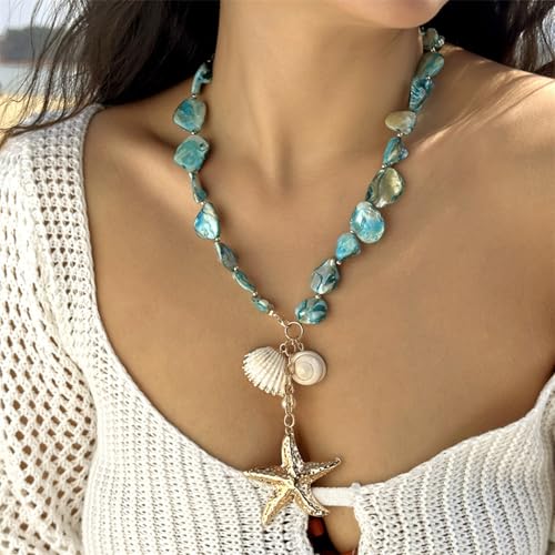 RINHOO Starfish Shell Necklaces for Women Summer Irregular Seashell Statement Necklace Beach Surfer Jewelry (Style A-Blue) - image 2