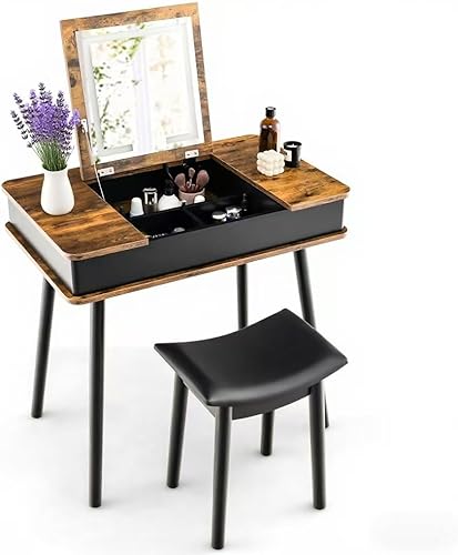 MAT EXPERT Escritorio de tocador con espejo abatible y taburete, tocador de maquillaje con modos de iluminación de 3 colores, 7 compartimentos de