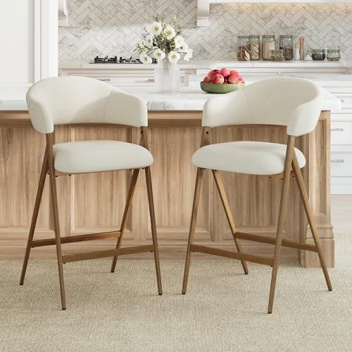 Image of Bar Stools Set of 2, Counter Height BarStools with Back, Modern Upholstered Island Stools with Metal Legs for Kitchen Counter, Dining Room, Beige